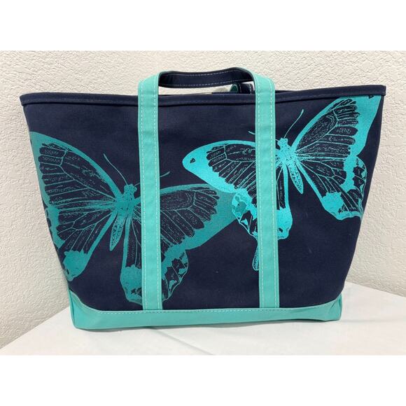 LL Bean Boat & Tote Bag Navy Blue Turquoise LARGE Size 15x22 Butterfly - Picture 2 of 10